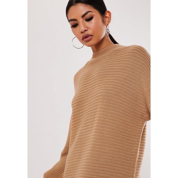 Camel High Neck Ribbed Mini Dress - Picture 4 of 4